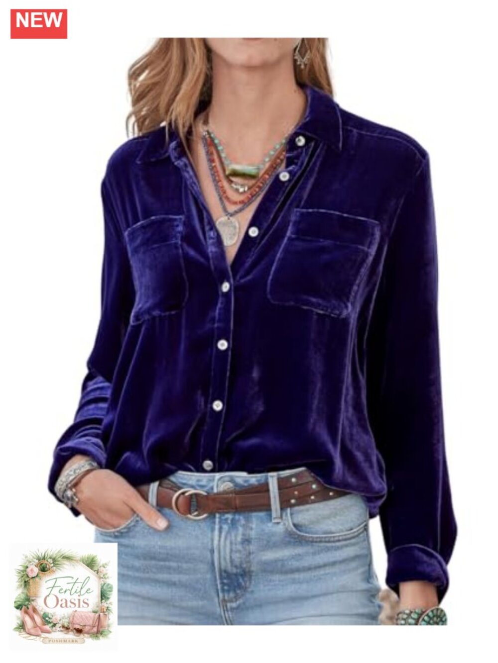 Women's Velvet Button Down Long Sleeve Casual Shirt with Pockets